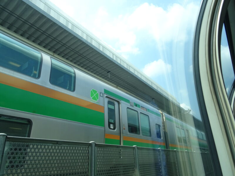グリーン車から湘南新宿ラインの車両を見上げる