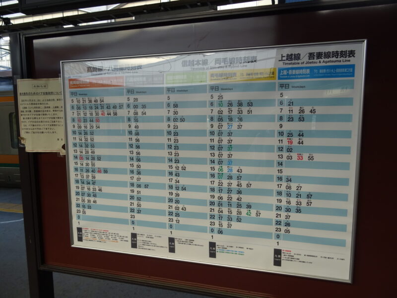 高崎駅５番乗り場にある時刻表