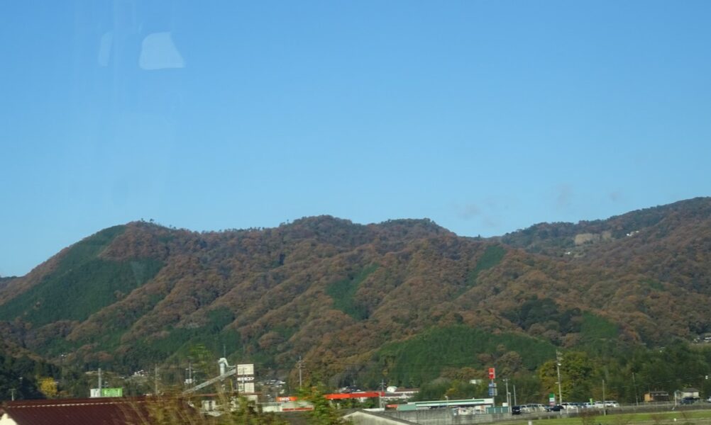 特急やくも３号から美袋駅付近の紅葉と山が見える