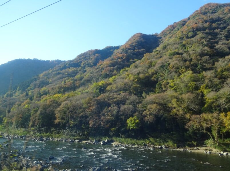 特急やくも３号の車窓から高梁川と山が見える