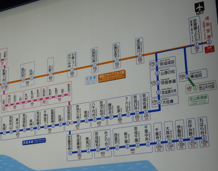 成田空港駅からの運賃表・千葉周辺