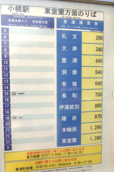 小幌駅の東室蘭駅方面の発車時刻表