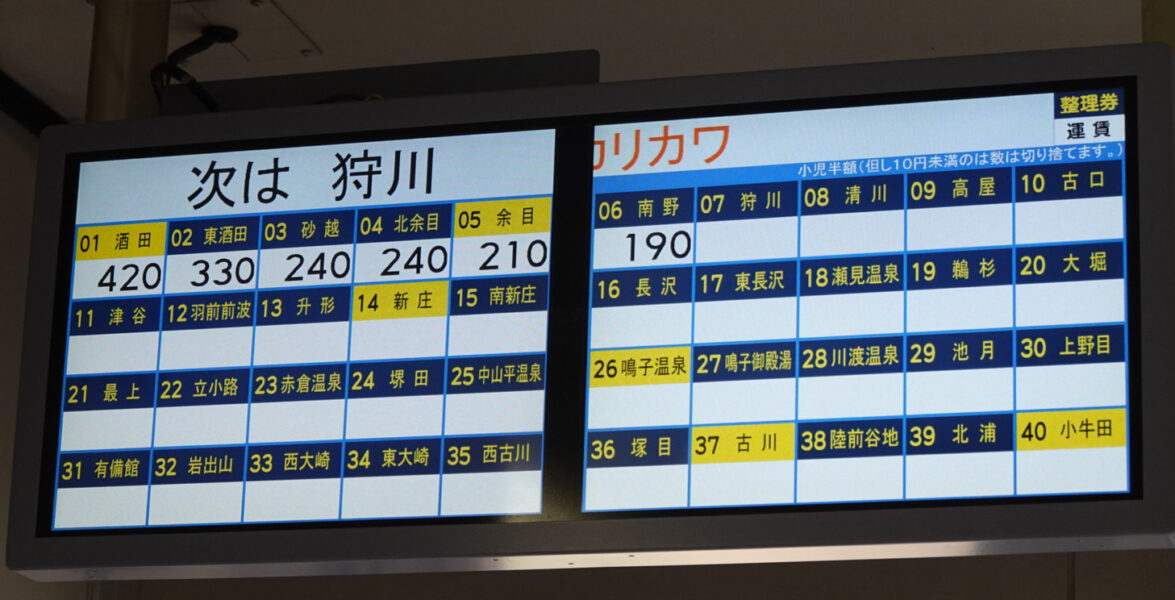 キハ110系の運賃表、次の停車駅は狩川駅