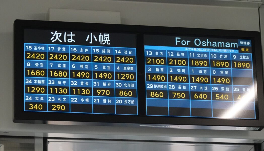 普通列車の運賃表・次は小幌駅