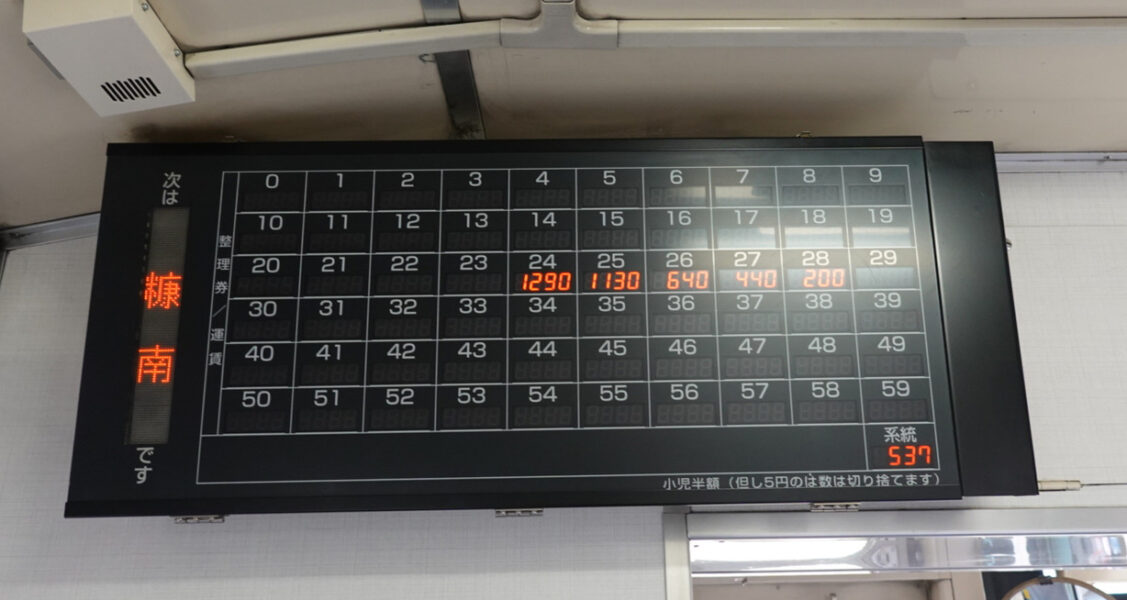 普通列車内の運賃表、次の駅は糠南駅