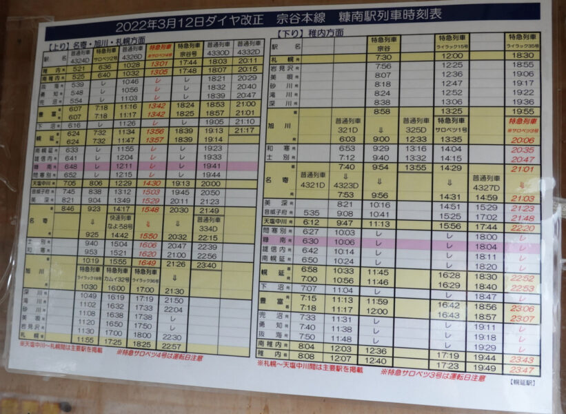 糠南駅の待合室にあった宗谷本線の時刻表
