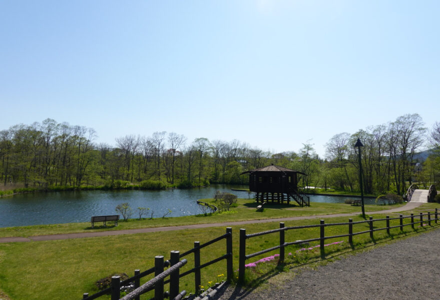 「なんだろう橋」を渡り切ったところにある水郷公園（右）