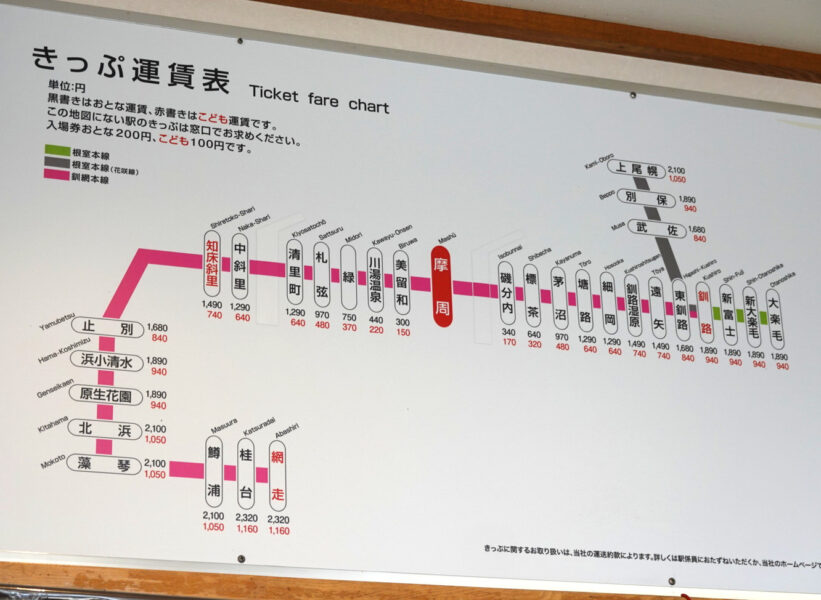 摩周駅の運賃表